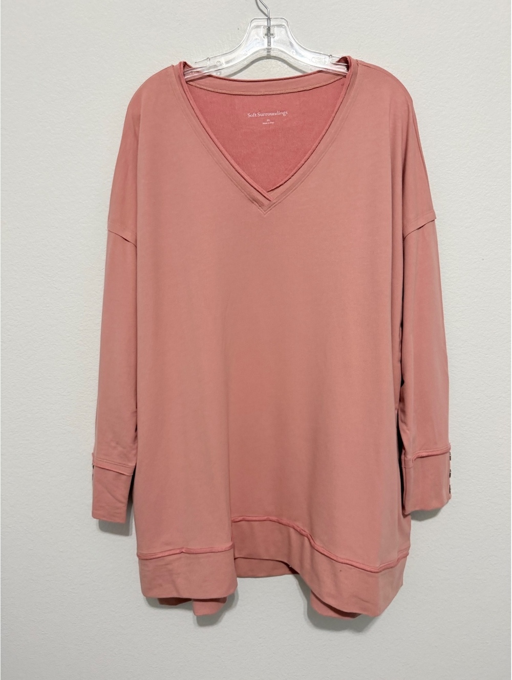 Soft Surroundings Long Sleeve V-Neck Pale Pink Stretch Tunic Top Women's Size 2X